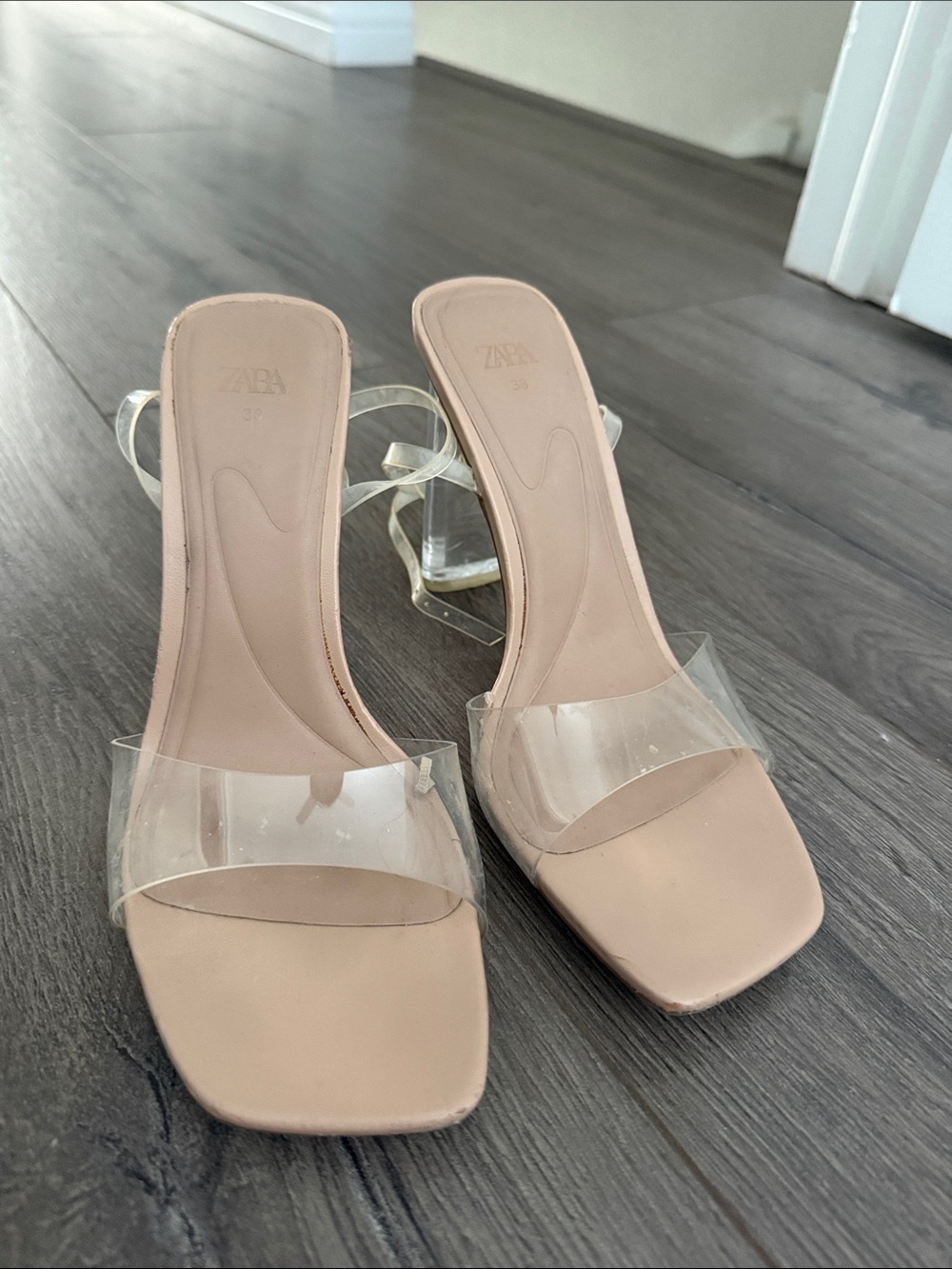 Zara Blush Nude Block Heel Sandals with Clear Straps